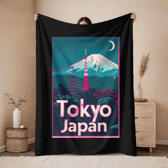 Vintage Style Tokyo Travel Poster Throw Blankets