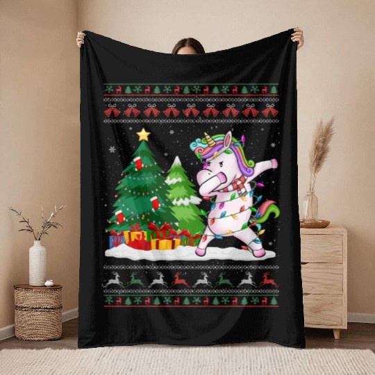 Funny Dabbing Unicorn Lover Santa Hat Ugly Throw Blankets