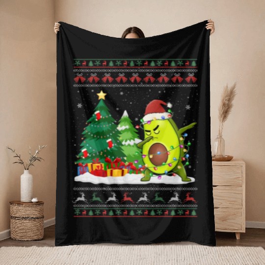 Dabbing Avocado Lover Vegan Santa Hat Ugly Throw Blankets