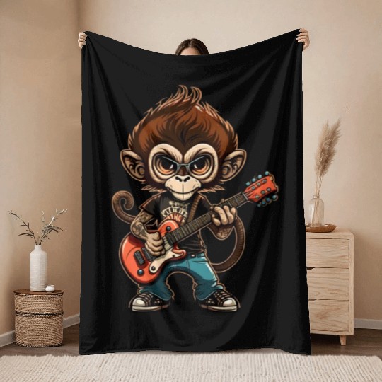 Monkey Chimpanzee Playing Acousitc Rock Guitar Throw Blankets