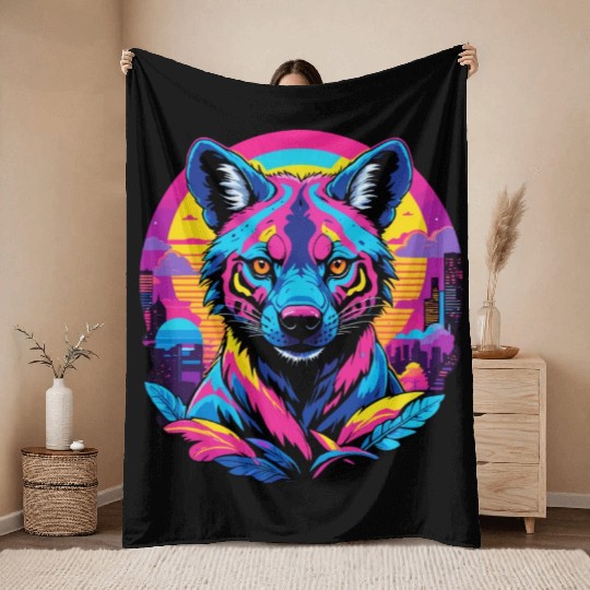 Neon Wild - Urban Hyena Portrait Throw Blankets