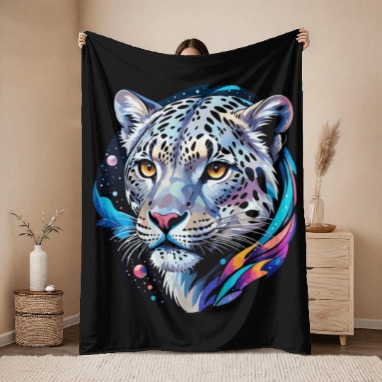 Cosmic Snow Leopard - Ethereal Animal Portrait Throw Blankets