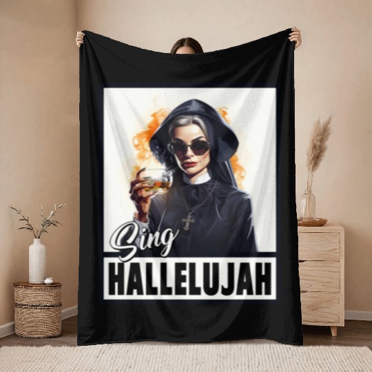 Sexy Nun Drinks Alcohol Funny Saying Throw Blankets