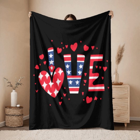 Valentines Day Flag Patriotic Lover Red Hearts Throw Blankets