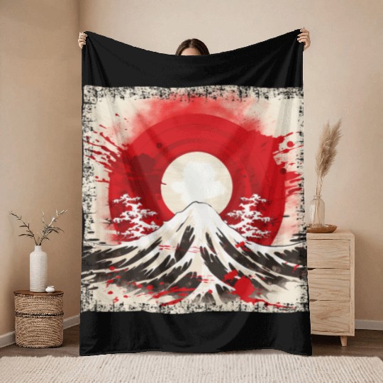 Kyoto Mountains: Flag, Volcano, and Blood Moon Throw Blankets
