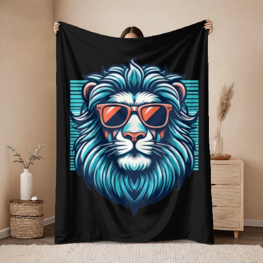 Chill Monarch - Lion with Sunglasses Retro Throw Blankets