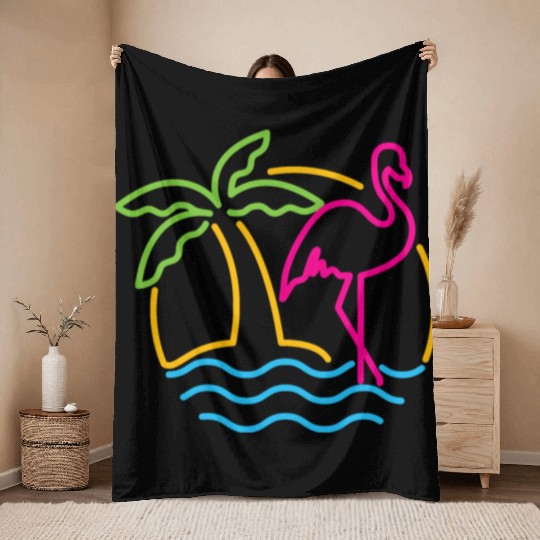 80s Vintage Miami Retro Neon Pink Flamingo Throw Blankets