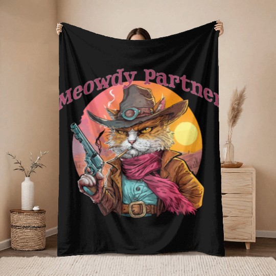 Purrfect Outlaw Showdown - Meowdy Partner Throw Blankets
