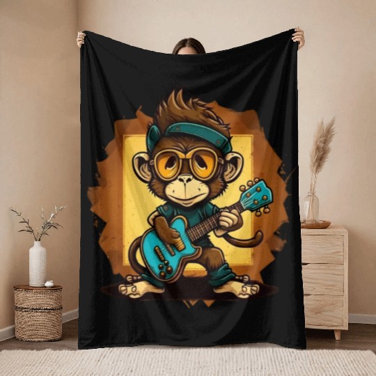 Monkey Chimpanzee Playing Acousitc Rock Guitar Throw Blankets