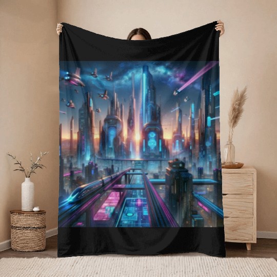 Future Metropolis Neon Cityscape at Night Throw Blankets
