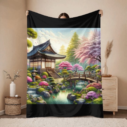 Spring Serenity in Japanese Garden Throw Blankets