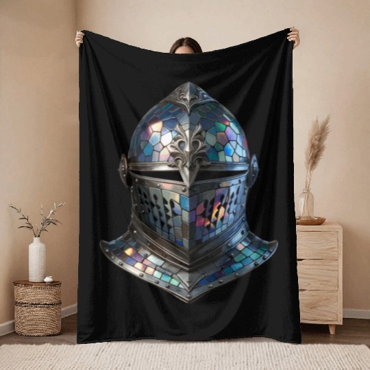 Enchanted Knight's Helmet - Stained Glass Armor Throw Blankets