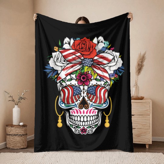 July 4Th Us Flag Dia De Los Muertos 4Th Of July In Throw Blankets