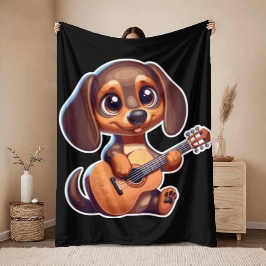 Cute Dachshund playing Guitar Throw Blankets