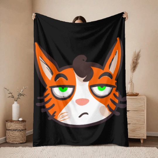 Orange Grumpy Cat Green Eyes Throw Blankets