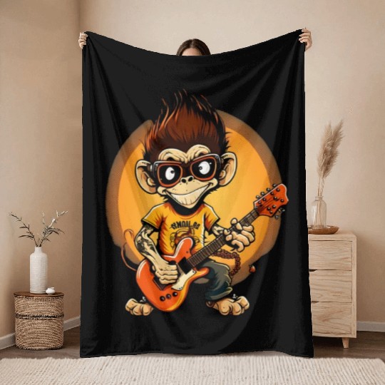 Monkey Chimpanzee Playing Acousitc Rock Guitar Throw Blankets