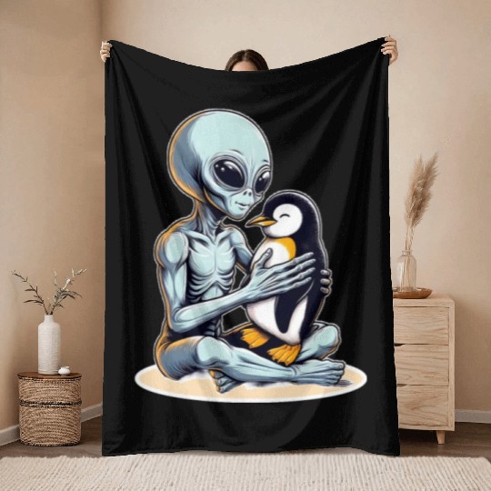 Alien Embracing Penguin Throw Blankets