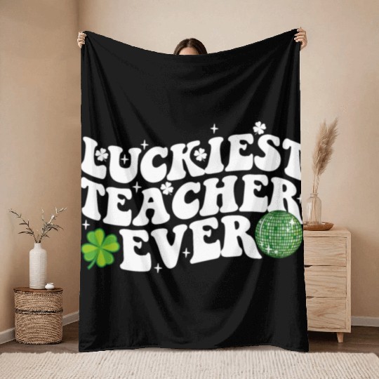 Luckiest Teacher Ever Disco Ball Shamrock Groovy Throw Blankets