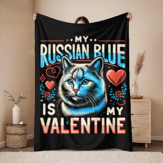 Russian Blue Cat Love Cute Valentine's for Cat lov Throw Blankets
