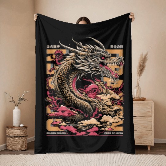 Golden Dragon: Pride of Japan Throw Blankets