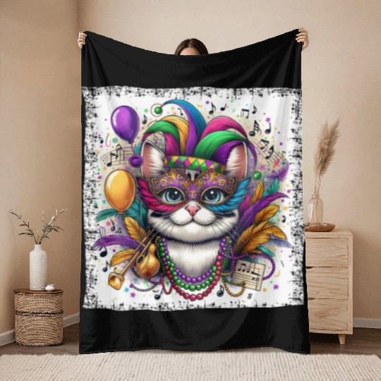 Mardi Gras Cat Mask Colorful Music Carnival Throw Blankets
