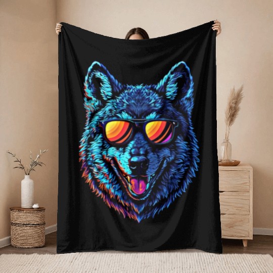 Cool Wolf Face Blue Wolf Wearing Sunglasses Throw Blankets