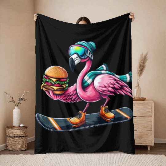 Flamingo Snowboard Burger Fun Throw Blankets