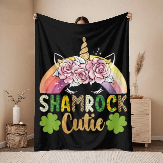 Shamrock Cutie Unicorn Rainbow St Patricks Day Throw Blankets