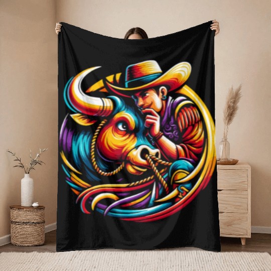 Rodeo Bull Riding Livestock Show Farmer Cattle Throw Blankets