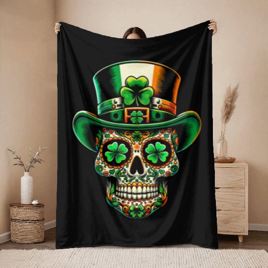 St Patricks Day Irish Sugar Skull Day Of Dead Throw Blankets