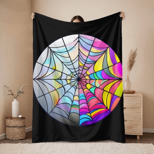 colorful spider web stained glass Throw Blankets