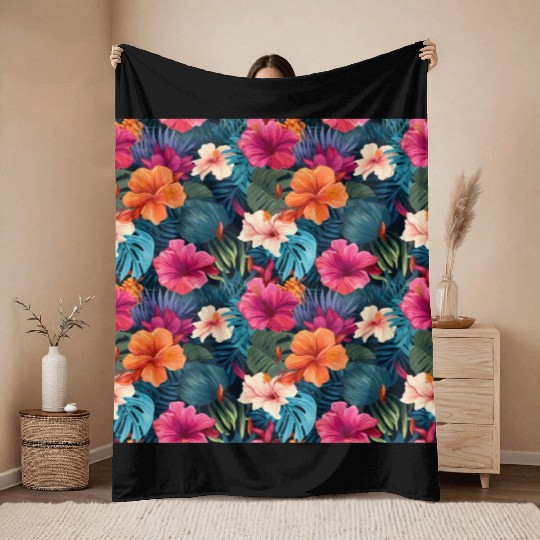 Exotic Hibiscus Botanical Pattern Throw Blankets