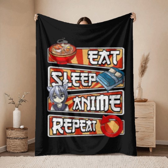 eat sleep anime repeat cute lovers obsessed Throw Blankets