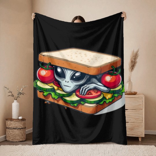 Alien Hiding in a Sandwich Throw Blankets