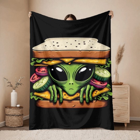 Alien Hiding in a Sandwich Throw Blankets