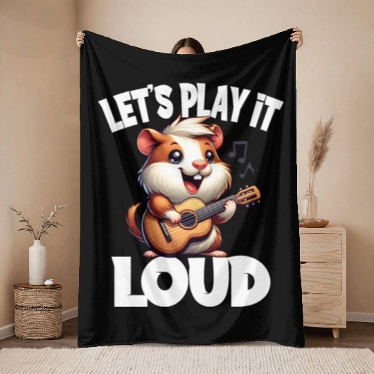 Cute Hamster Musician Let's Play It Loud Guitar Throw Blankets