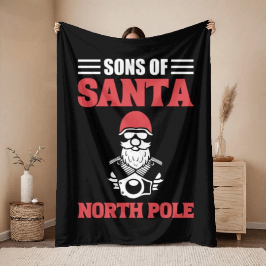Sons Of Santa North Pole Motorcycle Rider Throw Blankets
