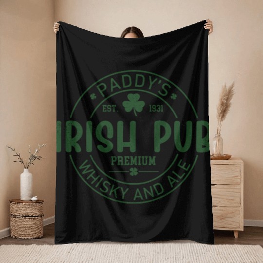 Irish Pub Whisky and Ale, St Patricks Day Throw Blankets