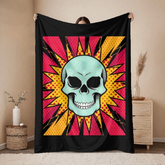 style halftones, dynamic skull Throw Blankets