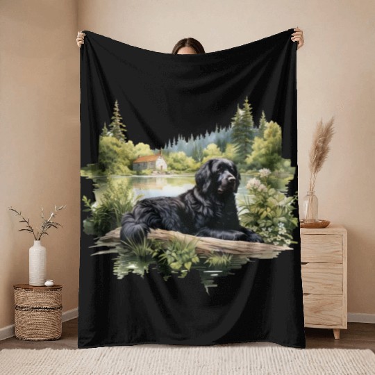 Newfoundland Dog Cottagecore Lakeside Serenity Throw Blankets
