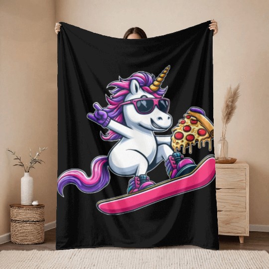 Unicorn Snowboarder Pizza Cool Throw Blankets