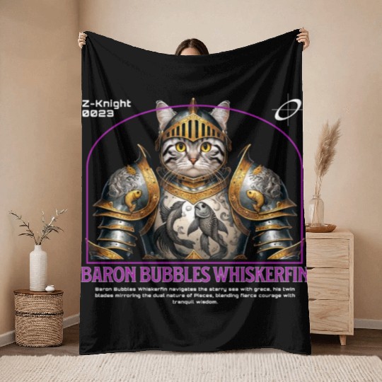 Pisces Cat Knight - Zodiac Astrology Fish Armor Throw Blankets