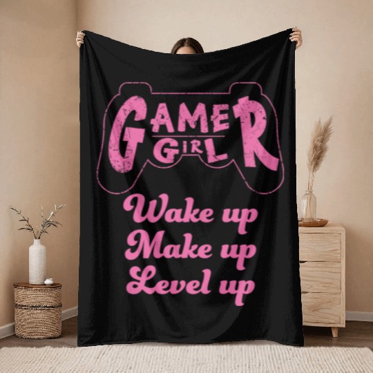 Gamer Girl Wake Up Make Up Level Up Throw Blankets