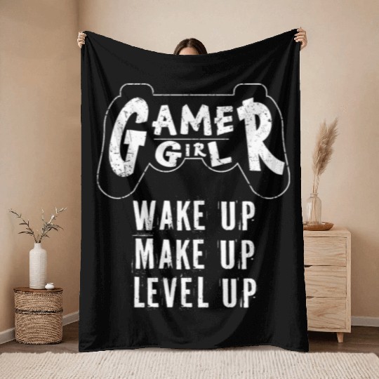 Gamer Girl Wake Up Make Up Level Up Throw Blankets