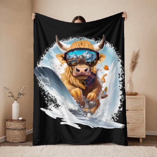 Winter sports, Highland Cow Snowboarding Throw Blankets