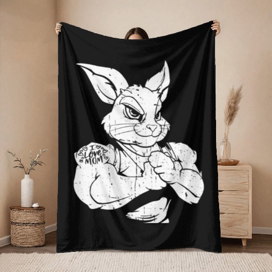 Rabbit Biceps Tattoo I Love Mom Throw Blankets