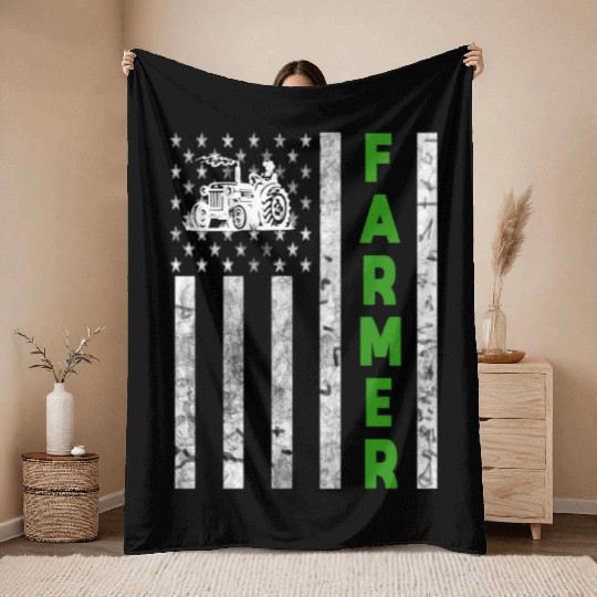 Flag with Tractor Patriotic Farmer Farming Throw Blankets