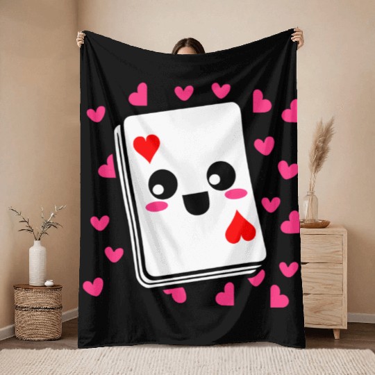 Kawaii Playing Card Hearts Throw Blankets