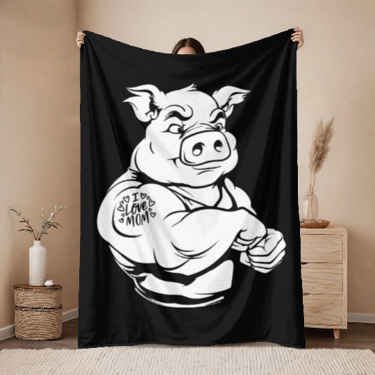Pig Pork Biceps Tattoo I Love Mom Throw Blankets