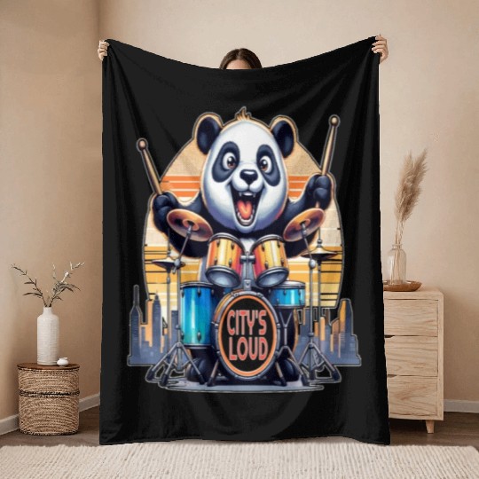 Citys Loud, Urban Beat Panda Drummer Throw Blankets